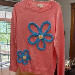 BiBi Coral Sweater with Blue Floral Accents,NWT